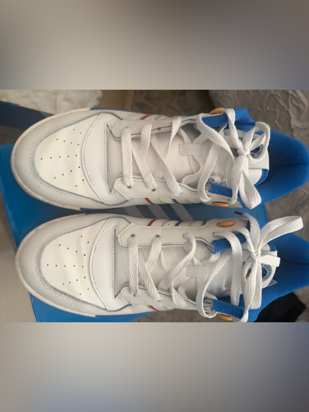 adidas White Sneakers with Blue and Red Accents